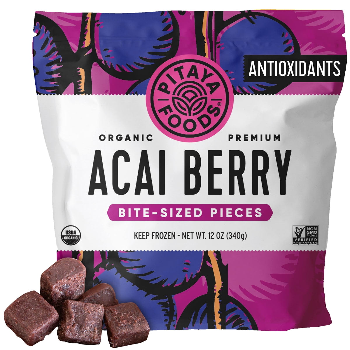 Pitaya Foods Frozen Acai Berry Pieces, Pure Unsweetened Organic Fruit, 12 oz, Gluten-Free, Vegan