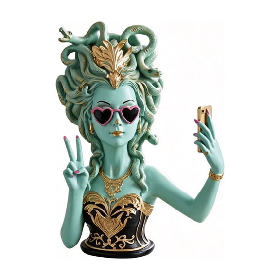 Medusa Statue, 12 Inch Resin Medusa Figurine with Heart Sunglasses, Selfie Pose Greek Mythology Bust Sculpture, Gothic Home Decor for Bookshelf Vanity Desk Tabletop Modern Room Decoration