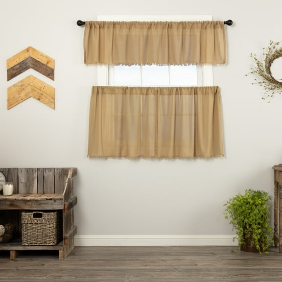 VHC Brands Tobacco Cloth Khaki 3 PC Curtain Set (1 Valance 16x72 and 2 Tier 24x36)