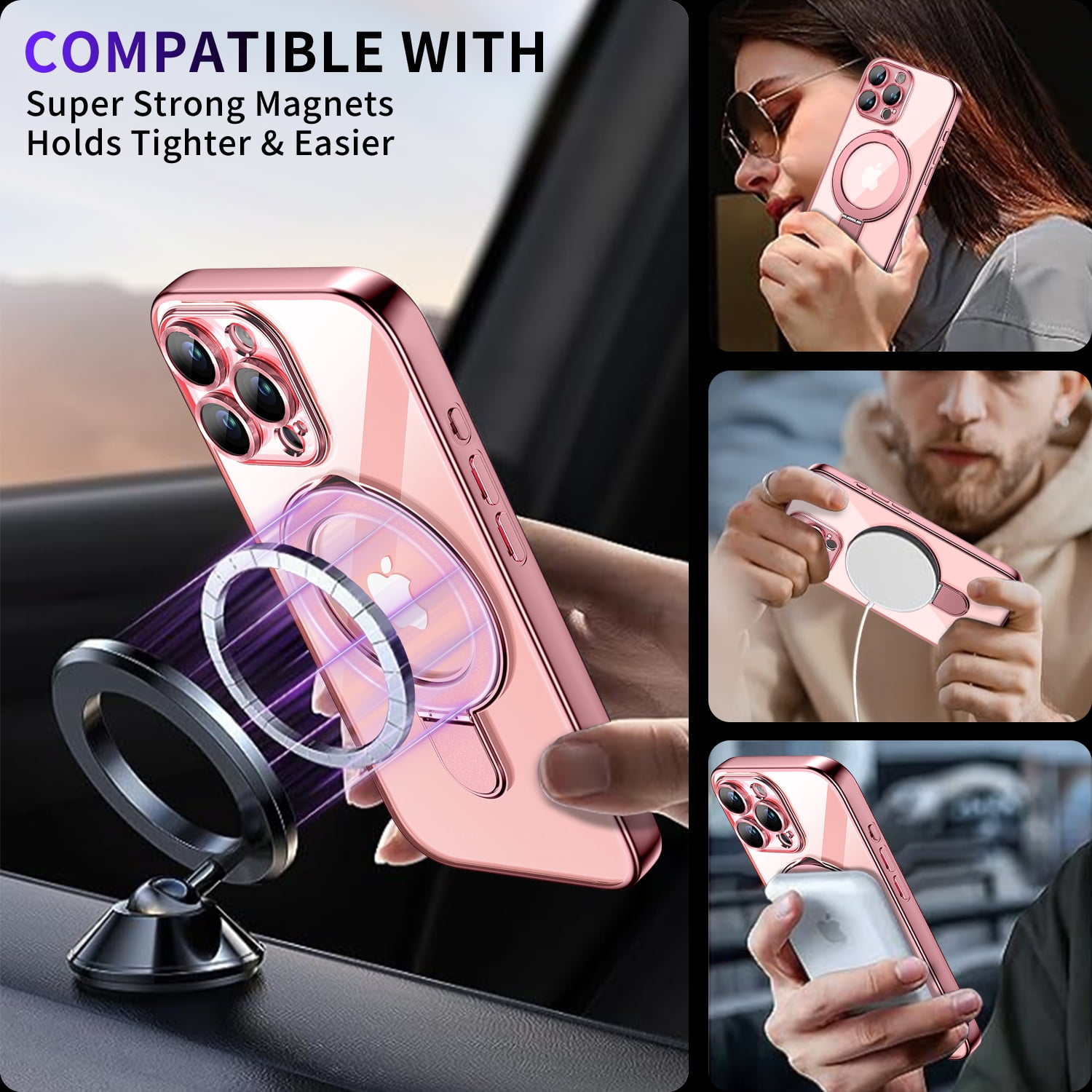 JETeacka Magnetic for iPhone 16 Pro Case with Invisible Kickstand, MagSafe Compatible Camera Protection Shockproof Not Yellowing Slim Soft Cover, Pink