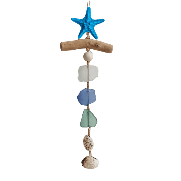 Blue Sea Glass Shell Hanging Wall Decor, Beach Themed Entryway Wall Decor, Farmhouse Porch Accent 1 Pc