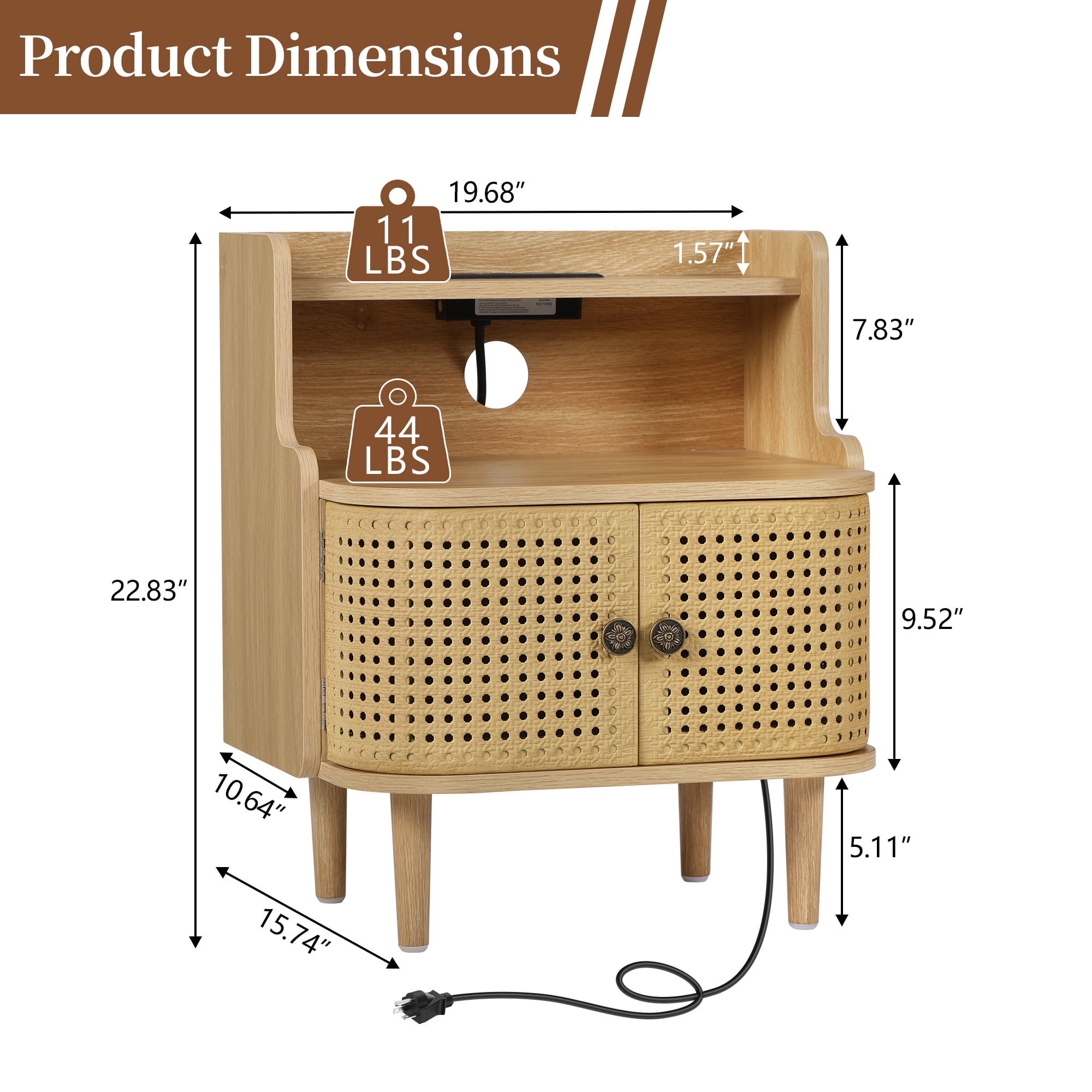 YOCWO Large Storage Nightstand with Charging Station Iron Rattern Pattern, Farmhouse Square End Table with 2 Door and Open Shelf for Bedroom Living Room, Natural