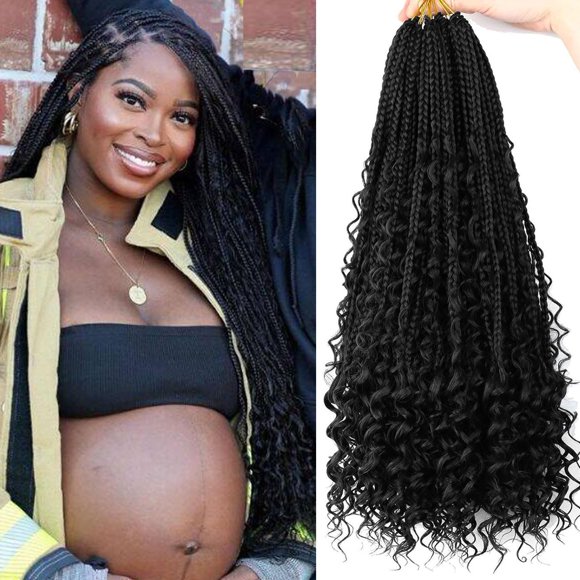 20 Inch Boho Box Braids Crochet hair Pre-looped Goddess Box Braids Crochet Hair 8 Packs Bohomian Crochet Box Braids Curly Ends Synthetic Braiding Hair Extension 1B