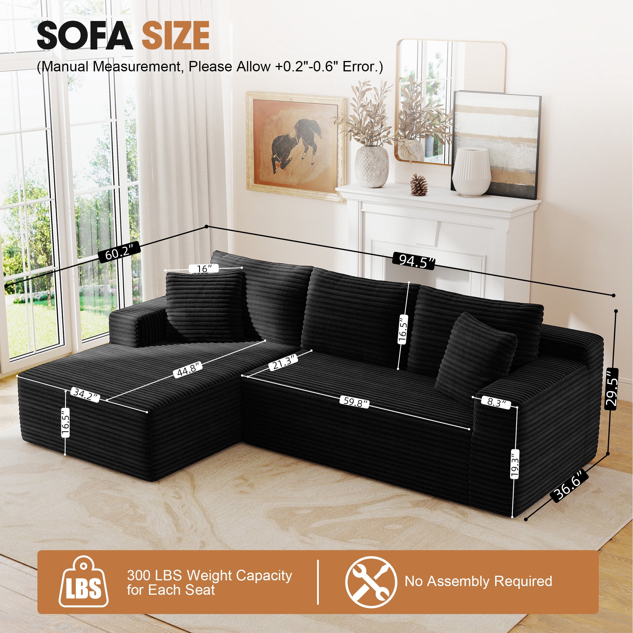 Aukfa Modular Sectional Sofa with Chaise, 95" Boneless Cloud Couch for Living Room, Black