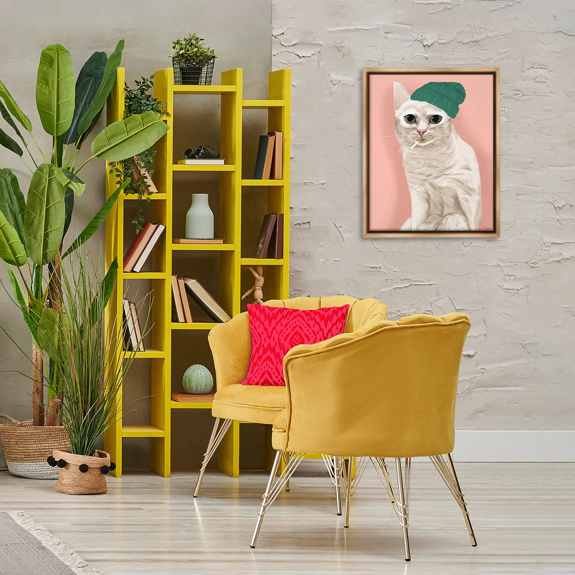 Stupell Industries Hipster Cat with Beanie Animals Painting Brown Floater Framed Canvas Art Print Wall Art, 17 x 21