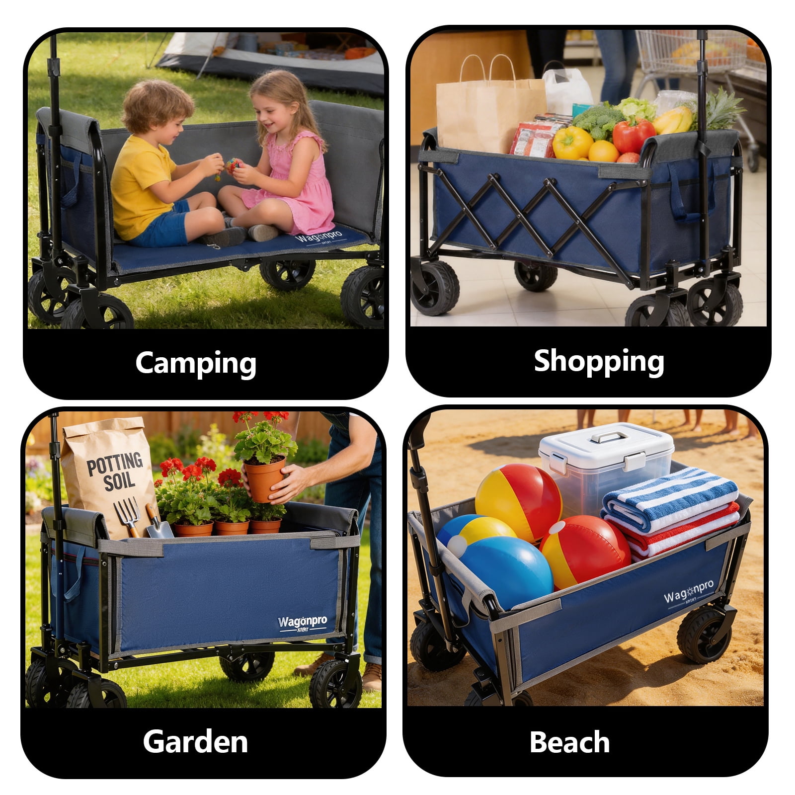 Upgraded 5×2" Wide Wheels Folding Wagon, Dark Blue Convertible Trolley with Dog Leash and Full-Side Opening, 220LBS Steel Frame Collapsible Cart for Camping, Beach, Shopping