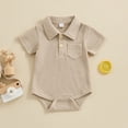 thumbnail image 2 of KyCheLot 0-12 Months Newborn Boy Clothes Lapel Button up Short Sleeve Bodysuit Knit Shirt Romper Solid Color, 2 of 3