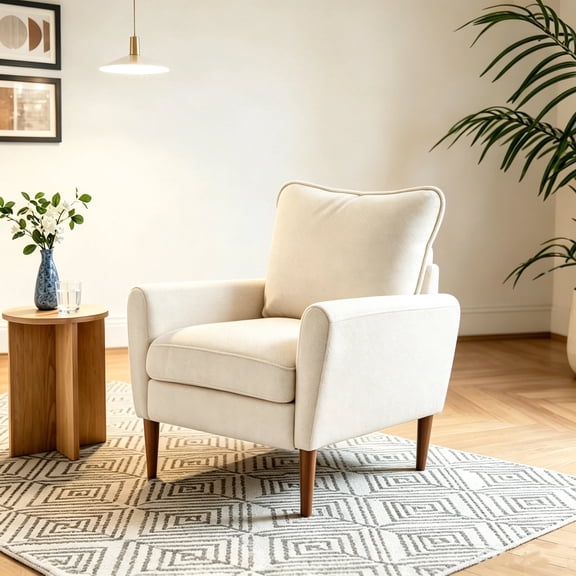 Modern Accent Chair with Armrests, Fabric Upholstered Comfy Single Sofa with Solid Wood Leg for Living Room, Beige