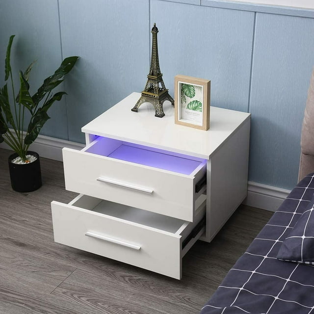 CNCEST CTGW-008  2 Drawers Modern  Nightstand LED Lights Night Stand (White)