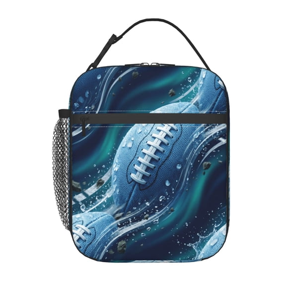Football Lunch Bag Athletic Print Handheld Portable Reusable Cooler Tote Front Pocket Work Office Commute Daily Food Container