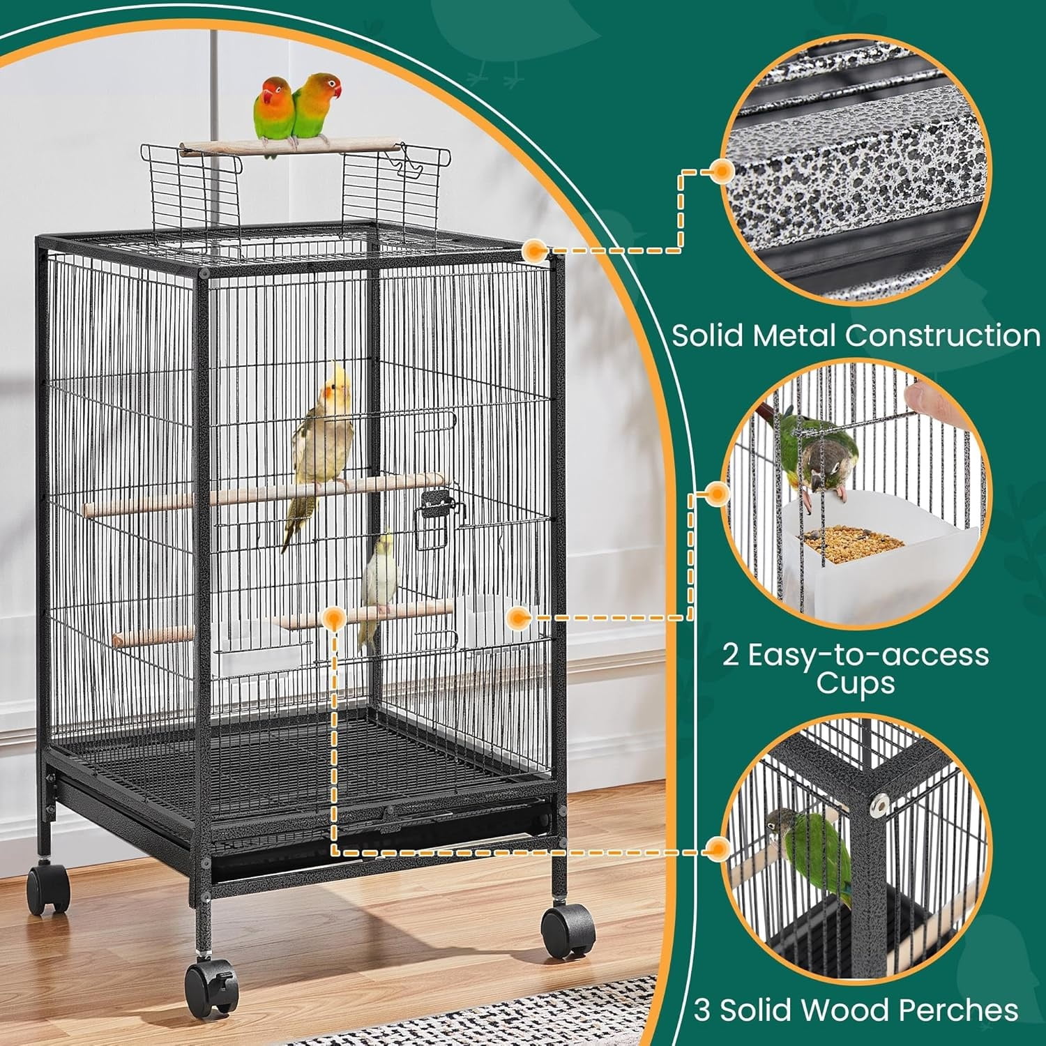 35 inch Wrought Iron Bird Cage w/Play Open Top and Rolling Stand for Small Birds Like Parrots Conure Lovebird Cockatiel Lovebirds Budgies