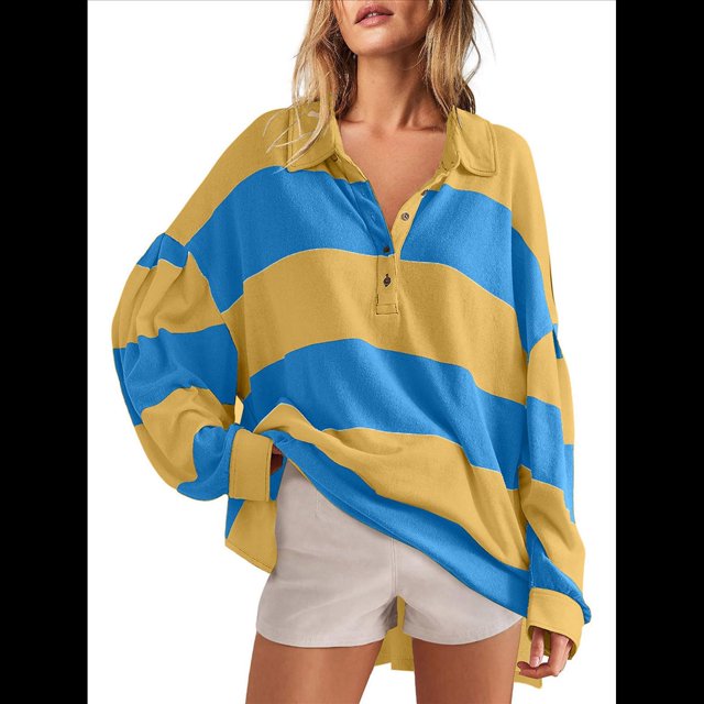Suéteres de Cuello en V y Larga con Botones y Bloques de Color A Rayas para Mujer, Moda de Otoño 2025, Talla Grande Amarillo y Azul M