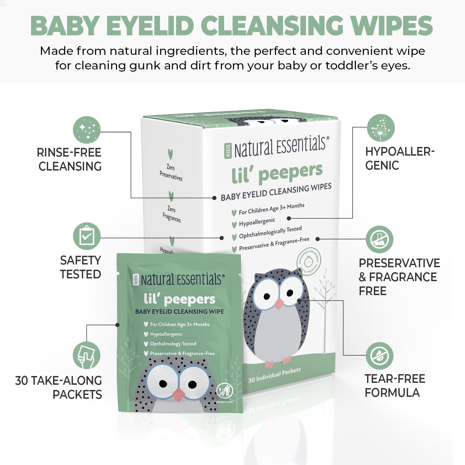 Natural Essentials Lil' Peepers Baby & Kids Eye Wipes, Eyelid & Eyelash Cleansing, Gentle Tear Duct & Eye Discharge Cleaner for Infants & Sensitive Eyes, Alcohol-Free, 2 Pack (60 Total Wipes)