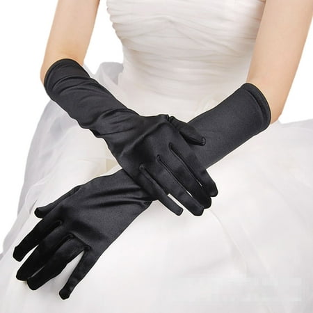 Premium Women's Long Solid Color Satin Wedding Party Bridal Gloves, Black