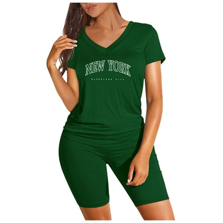 OJSFQUFP Matching Short Sets for Women Green Women s Two Piece Outfits for Women Short Sleeve V Neck Shorts Set Short Matching Clothing Set Trendy Summer Outfits XL