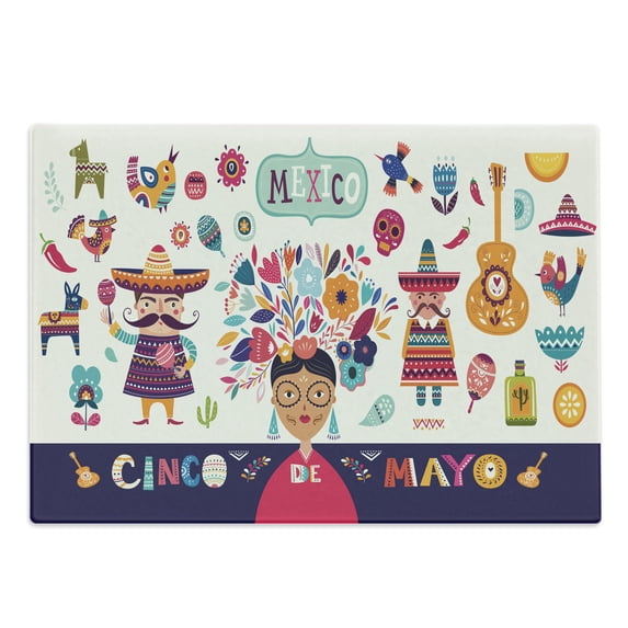 Cinco de Mayo Cutting Board, Mexican Cultural Graphic of Iconic Cultural Elements Colorful Style, Decorative Tempered Glass Cutting and Serving Board, in 3 Sizes, by Ambesonne