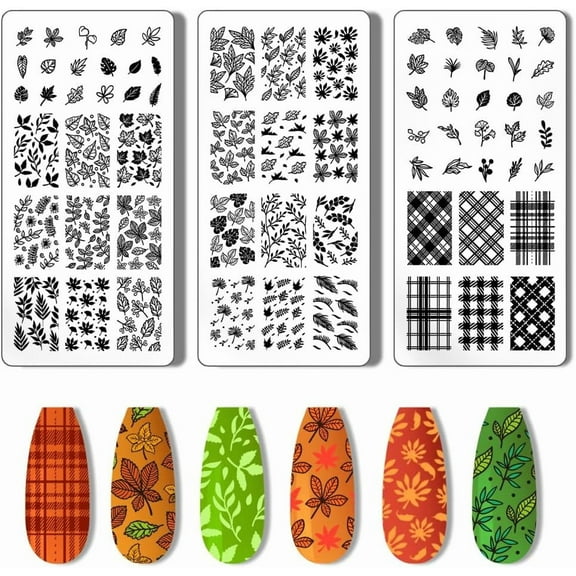 3pcs Plant Stamping Plate Nail Art Stamper Leaves Checkered Nail Stencils Tip Nail Stamp Tool Print Nail Stencils Stainless Steel Nail Image Plates for Nail Art Design Manicure Salon