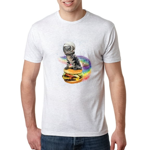 Wild Bobby, Funny Graphic Astronaut Cat in Space on Cheeseburger | Mens Cat Lover Premium Tri Blend T-Shirt, Heather White, Small