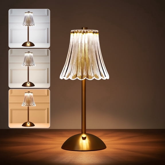 DAYBETTER Cordless Table Lamp, 12" Brass Rechargeable Cute Desk Light with Glass Shade,3 Colors Dimmable Touch Lamp for Modern Office Home Decor