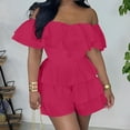 thumbnail image 2 of Lenpel Women's off Shoulder Rompers Trendy Cotton Ruffle Short Sleeve Tiered Summer Jumpsuits Casual Overall Shorts, 2 of 6