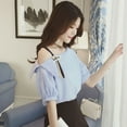 thumbnail image 4 of FANTADOOL Appliques Short Sleeve Striped Blouse Shirt Women Casual Skew Collar Puff Sleeve Blouse Women Top Blue, 4 of 7