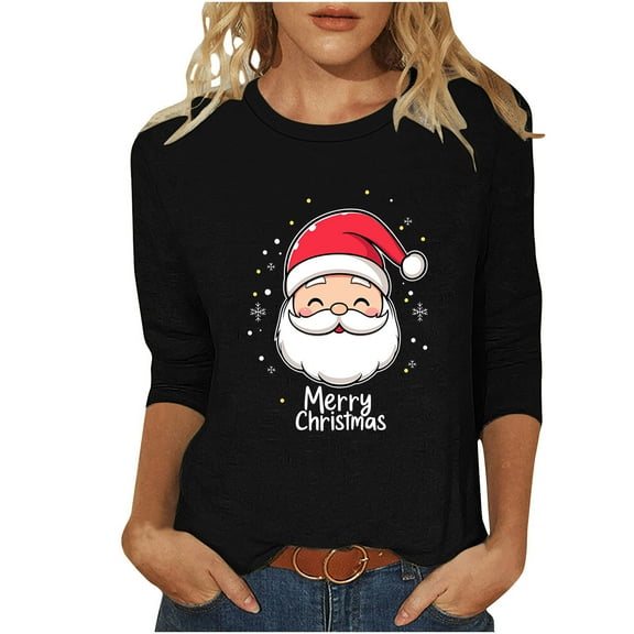 VKOYWKM Women's 3/4 Sleeve Tops Christmas Shirts Xmas Santa Graphic Tees Casual Crewneck Holiday T Shirts Christmas Gifts for Women