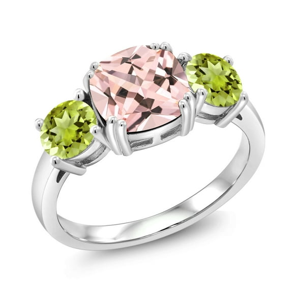 Gem Stone King 925 Sterling Silver Peach Nano Morganite and Green Peridot 3 Stone Engagement Ring for Women (3.10 Cttw, Gemstone October Birthstone, Cushion 8MM, Size 9)