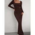 thumbnail image 2 of Arvbitana Women's Solid Color Knit Maxi Dress Square Neck Long Sleeve Slim-fit Cocktail Dress Autumn Casual Bodycon Long Dress for Party S M L XL, 2 of 5