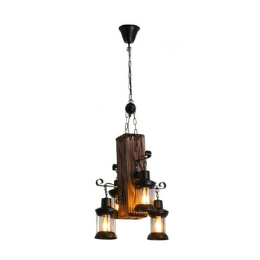 Loyalheartdy Retro Wooden 4 Heads Pendant Light Rustic Country Loft Chandelier Industrial Pendant Lighting Fixture LED Vintage Lantern Chandelier for Bar Restaurant Hotel