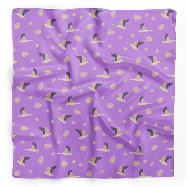 Bimba Purple Ranunculus & Stork Bird Pure Silk Printed Scarf Dupatta Head Neck Wrap Bandanas For Women 40 x 80 Inches