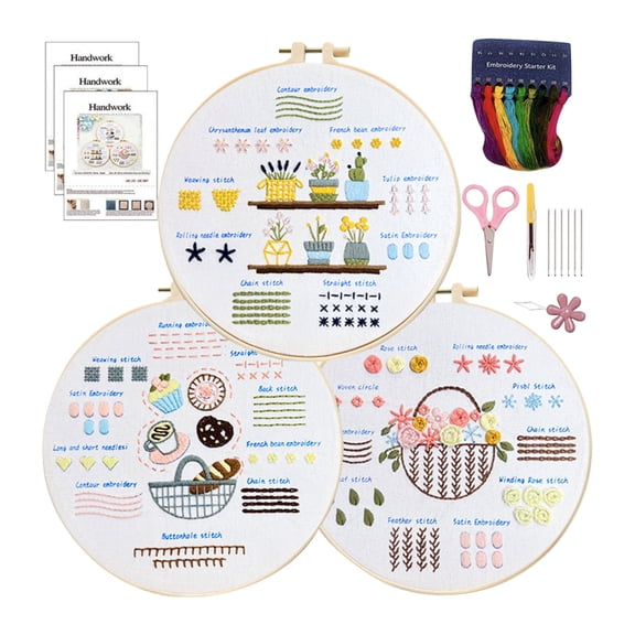 Yippzo Embroidery Kit for Adult Beginners, 3-Pack Practice Samplers, Pre-Stamped Patterns, 7.8-Inch Hoop, Threads & Needles, DIY Needlework Craft Gift for Women