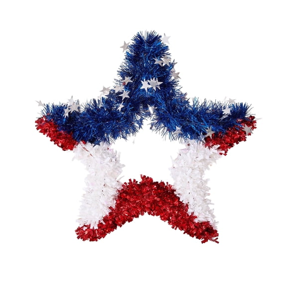 DR.Planzen Patriotic Star Wreath 20 Inch 4th of July Wreath for Front Door - Sparkling Red White Blue Tinsel American Flag Wreath Independence Day Memorial Day Indoor Outdoor Patriotic Door Decor