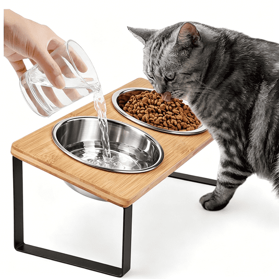 Elevated Cat Bowls for Food and Water, 15° Tilted Raised Stainless Steel Cat Food Bowl, Iron Wood Stand with Anti Vomiting Dishes for Indoor Cats, Dogs and Pet