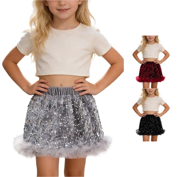 WhouRiu Girls Glitter Sequins Skirts Elastic Waist A Line Skirt Kids Comfortable Versatile Cute Casual Wear,5-6 Years
