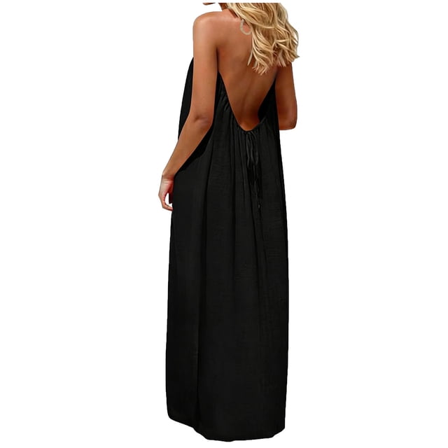 LVHAOGJOB Robe Maxi à Bretelles Spaghetti pour Femmes Robe d'Été Sans Manches Tendance Unie Robe de Plage pour Femmes Dos Nu