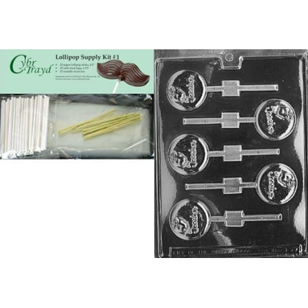 Teacher Bundle - Cybrtrayd Teacher Round Lolly Jobs Chocolate Candy Mold with Lollipop Supply Bundle of 25 Lollipop Sticks, 25 Cello Bags, 25 Gold Twist Ties and Instructions