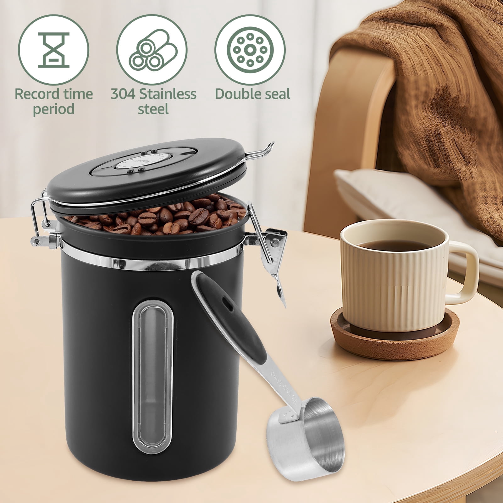 FUYGRCJ Coffee Canister,Tea CanisterAirtight Stainless Steel Kitchen Food Storage Container with Date Tracker and Scoop for Grounds Coffee,Beans,Flour,Cereal,Sugar,1.8L,Black