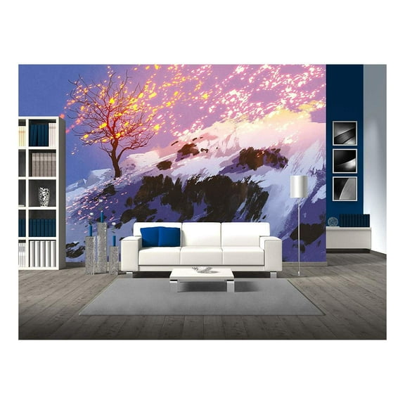 wall26 - Fantasy Landscape Showing Bare Tree in Winter with Glowing Snow,Digital Painting - Removable Wall Mural | Self-Adhesive Large Wallpaper - 100x144 inches
