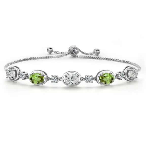 Gem Stone King 925 Sterling Silver White Lab Grown Diamond and Green Peridot Bracelet for Women | 3.90 Cttw | Gemstone April Birthstone | Oval 7X5MM | Fully Adjustable 9 inch
