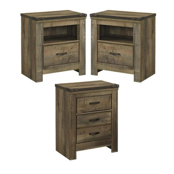 Home Square 3-Piece Set with 2 Wood Nightstands & 2 Drawer Night Stand in Brown