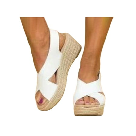 

Lacyhop Ladies Platform Shoe Summer Wedge Sandals Cross Strap Espadrilles Sandal Party Anti Slip Casual Shoes Roman Comfort White 8.5