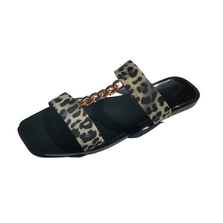 

Kukoosong Sandals Women Summer Leopard Print Cool Drag Chain Square Head Flat Slippers Casual Shoes Flat Sandals for Women White 41