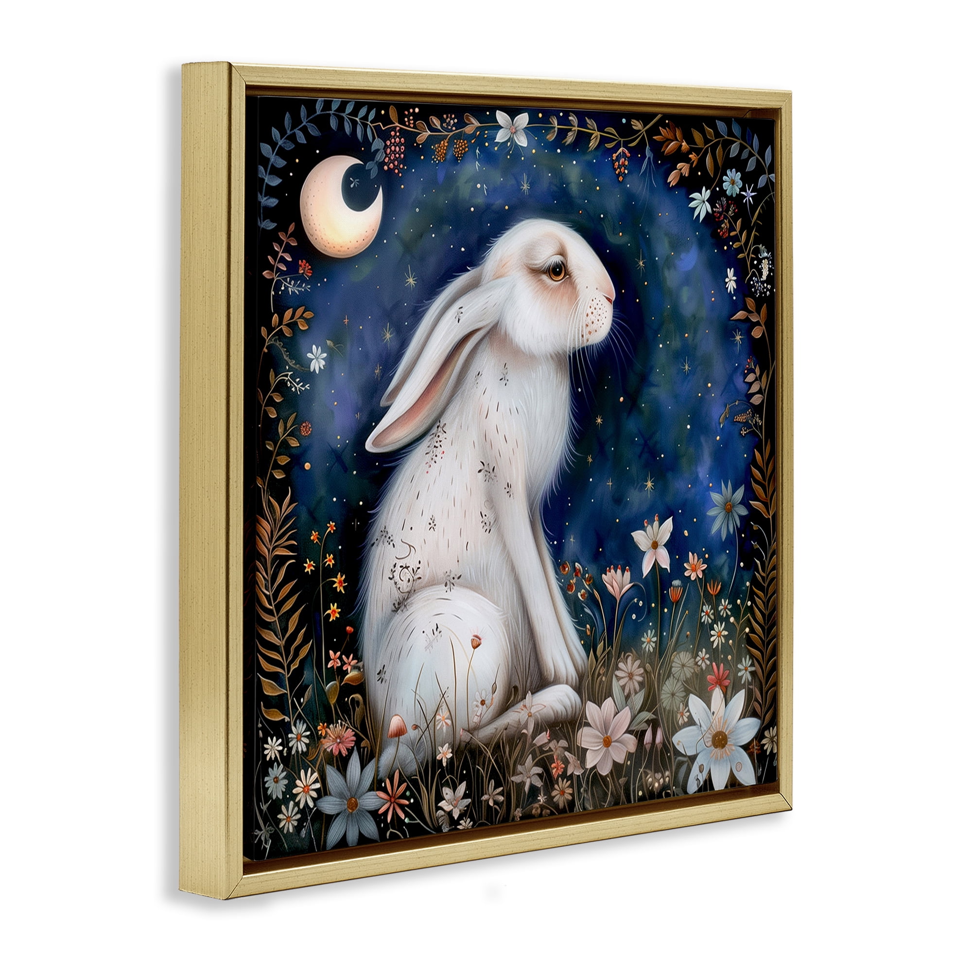 Stupell Industries White Rabbit Forest Scene Animals Painting Gold Floater Framed Canvas Art Print Wall Art, 18 x 18