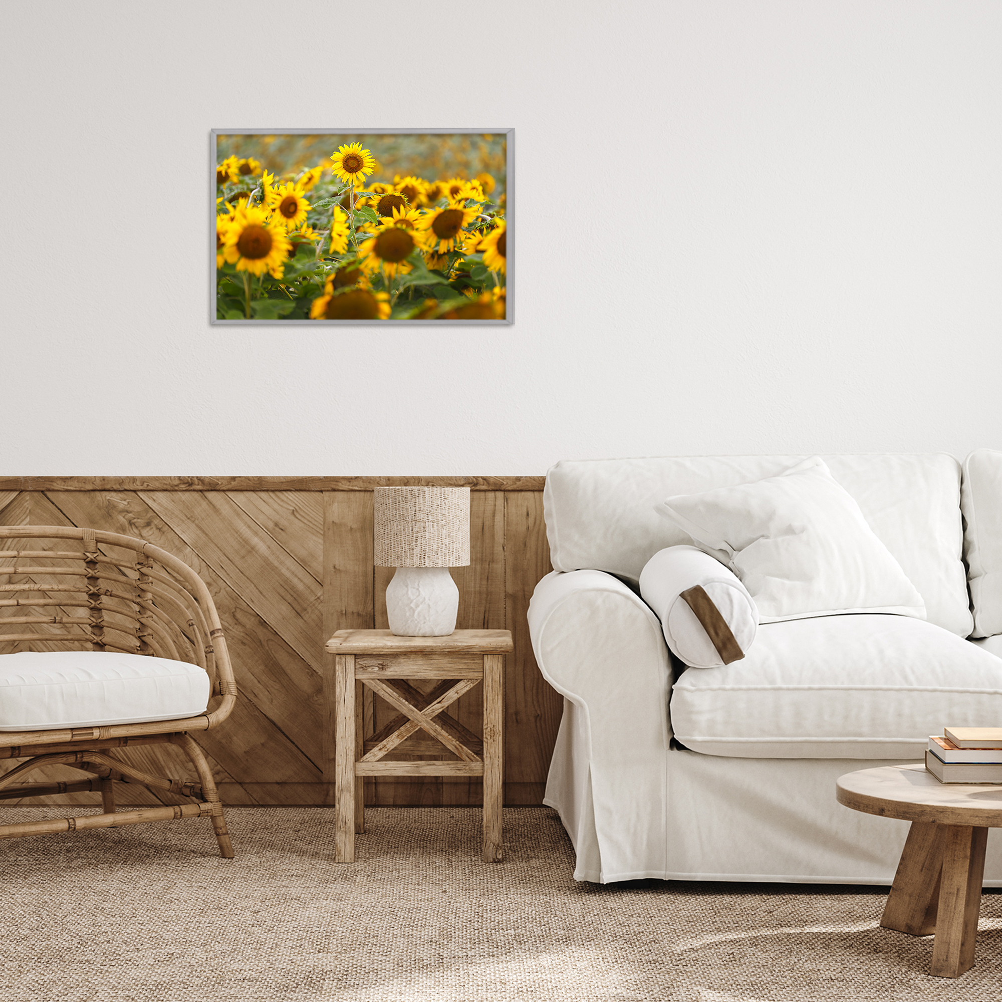 Central Sunflower in Meadow Gray Framed Giclee Art, design by Andy Crawford