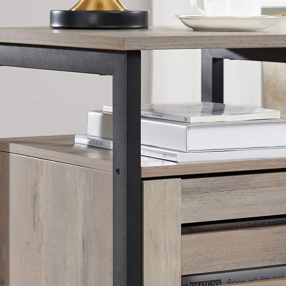 Kadyn End Table, Steel Side Table with Open Shelf and Door, Inner Adjustable Shelf, Bedside End Table for Bedroom, Greige and Black Kadyn End Table, Steel Side Table with Open Shelf and Door, Inner Adjustable Shelf, Bedside End Table for Bedroom, Greige and Black