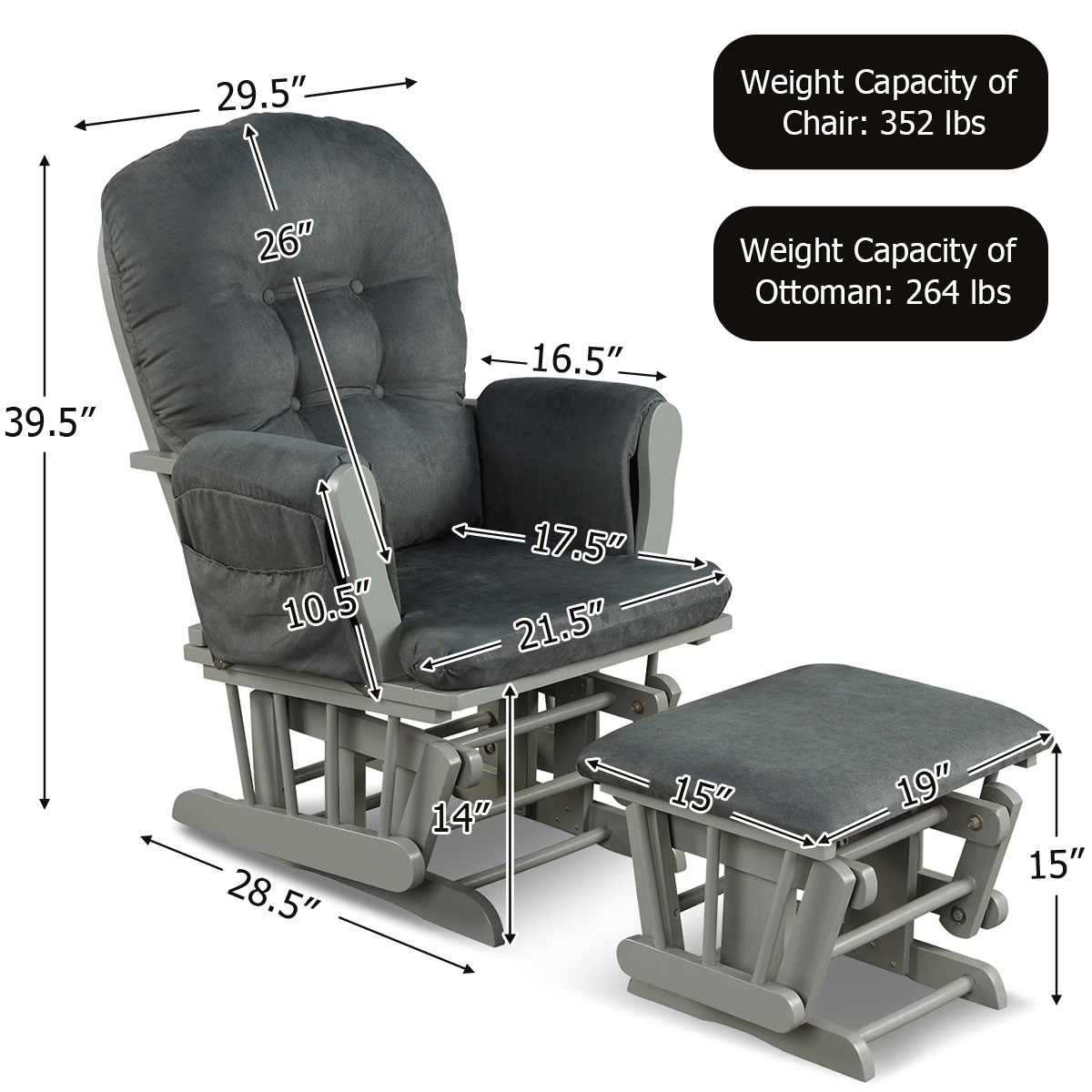 Infans Glider and Ottoman Cushion Set Wood Baby Nursery Rocking Chair Dark Grey