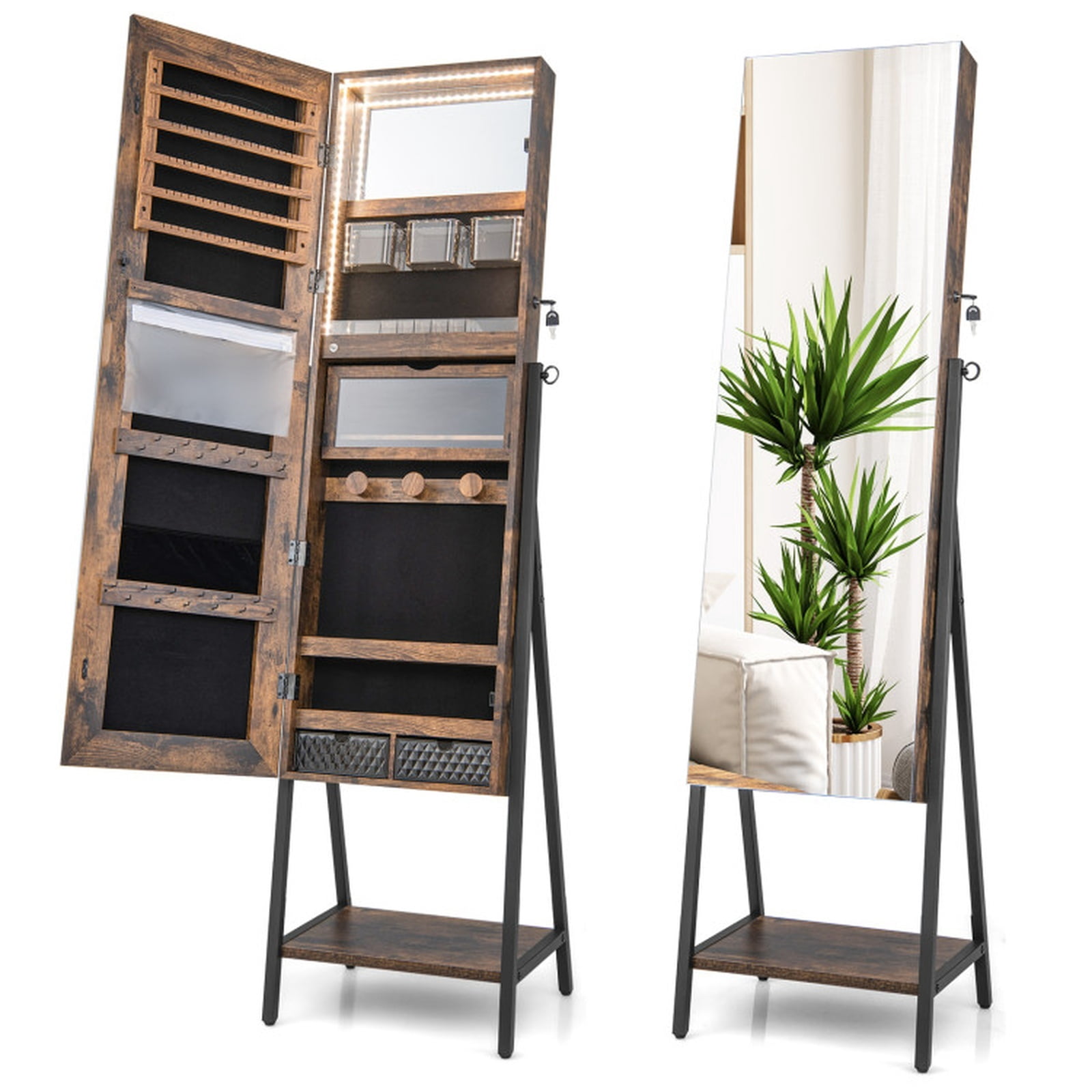 Furnibear Freestanding Jewelry Cabinet with Full-Length Mirror for Bedroom Dressing Room Jewelry Necklace Rings Storage Mirror, Rustic Brown