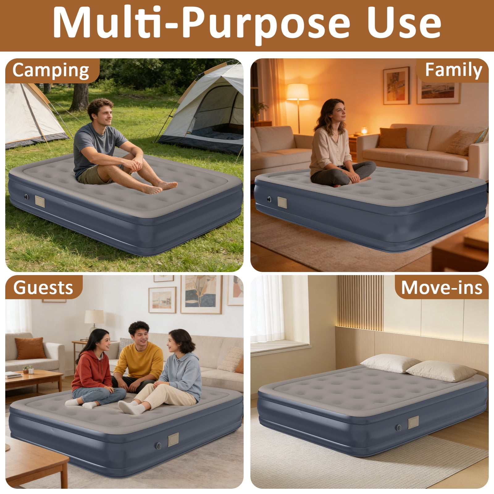 Air Mattress with Pillow, Queen Inflatable Mattress with Built-in Pump, Elevated Inflatable Bed with Pillow, for Camping, Guests and Home, 660lbs Max, Gray