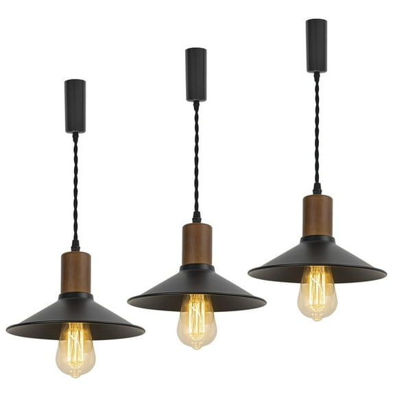 KAYYELAMP Set of Three Retro Design Track Lighting Fixture Walnut E26 Base Black Metal Shade 3.2Ft Adjusted Cord H-Type Track Lamp for Kitchen Bar Counter(No Bulb, Track)
