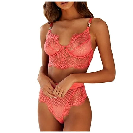 

DENGDENG Women Sexy Eyelash Lace Lingerie for Women Hollow Out Bra and Panty Set Fishnet Underwire